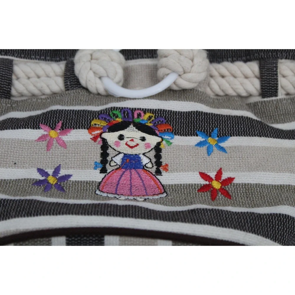 Mexican‎ Artisan Embroidered Lele Doll Striped Tote Bag Kids Brown Cream Woven